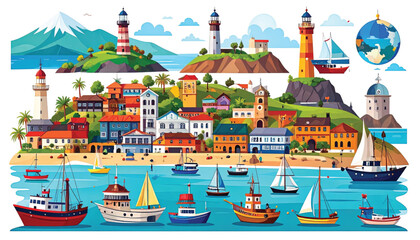 Fototapeta premium Colorful boats in a harbor scene.