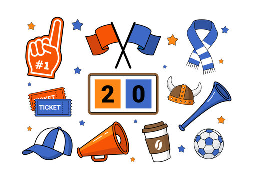 Soccer Fan Elements Vector Illustration, Sports fan icon set with stadium cheering gear scoreboard match tickets and football accessories in flat line style, vector illustration packed paraphernalia