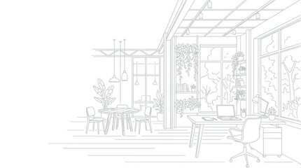 Minimalist interior design sketch of a bright, modern office space with natural light and greenery © Puja