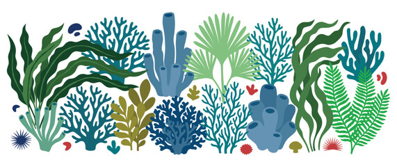 Colorful aquatic coral reef set for ocean themed design. © Ojufa