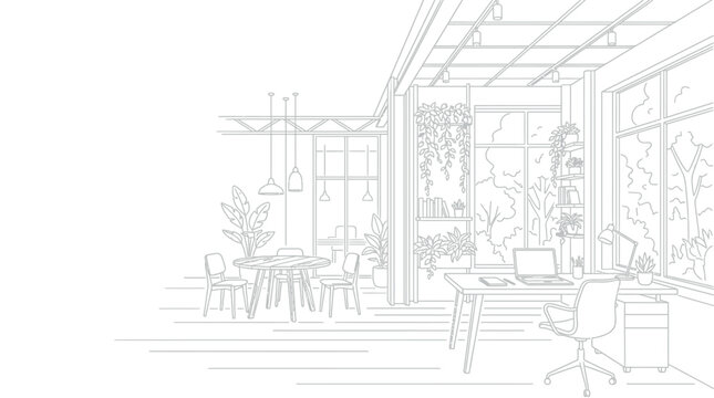 Minimalist interior design sketch of a bright, modern office space with natural light and greenery