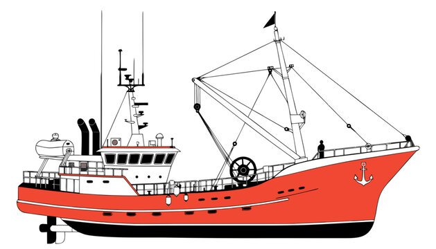 Detailed vector illustration of a sturdy red fishing trawler boat featuring a prominent anchor symbol on the side hull design