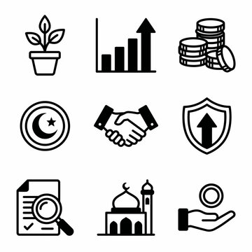 Assorted icons for business growth, finance, and Islamic concepts.