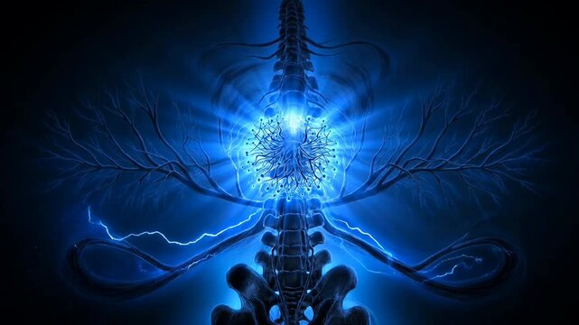 Detailed Artistic Human Nervous System with The Electrical Web Of Sensation in Frontal View, Unique 3D Medical Science Rendering