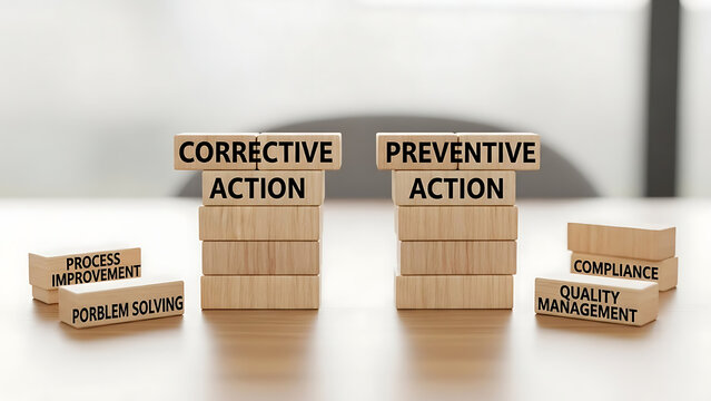 Management concept featuring wooden blocks labeled Corrective Action and Preventive Action for process improvement, quality control, and problem-solving strategy on a clean neutral background.