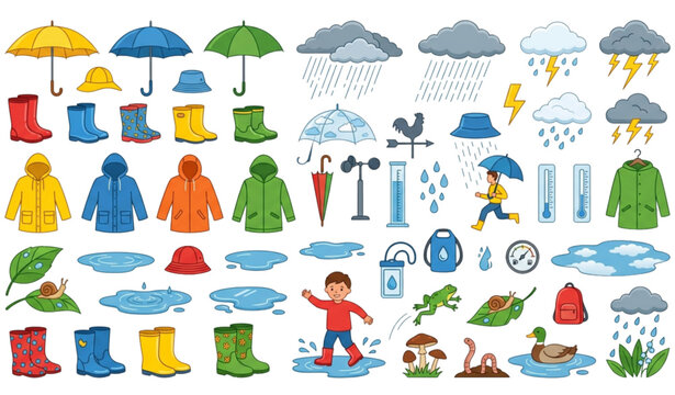 Monsoon Weather and Rainy Day Objects Vector Collection