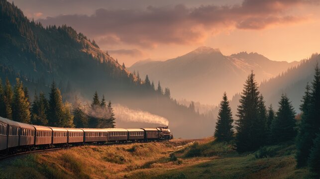Scenic Train Journey: A vintage passenger train winds its way through a breathtaking mountain landscape at sunset.
