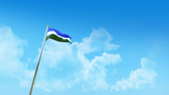 Bashkortostan Flag 3D Render Animation on Pole with Blue Sky and Clouds - Low Angle View