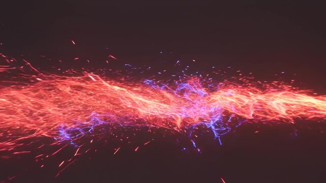 Abstract particles in vibrant red and blue colors flow dynamically across a dark background, creating a mesmerizing visual effect of movement and energy