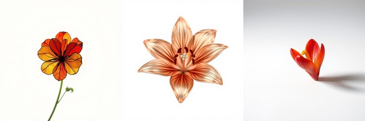Obraz premium Floral composition. Three distinct blooms presented against neutral backgrounds. Delicate petals, warm tones, simple elegance.