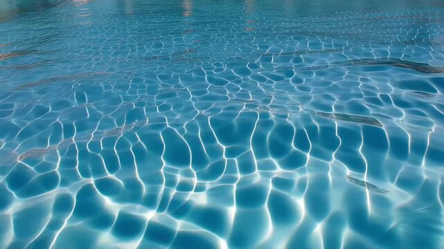 Blue water surface ripples in a swimming pool. Sunlight reflection creating caustic patterns on liquid. Clear basin texture for summer vacation background concept.