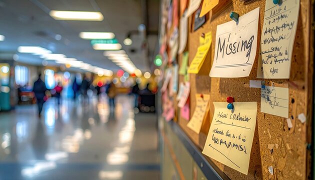 Missing person notes and photos pinned to a bulletin board in a school hallway with blurred people in the background