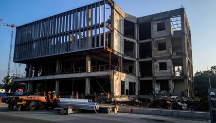 Fototapeta premium Modern multi-story building frame under construction, showcasing structural steel erection and ongoing urban development.