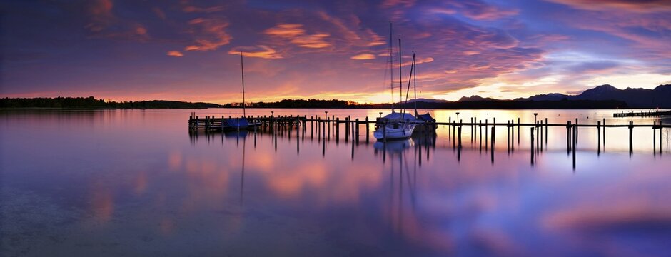 Panorama, jetty on Lake Chiemsee at sunrise, Prien am Chiemsee, Bavaria, Germany