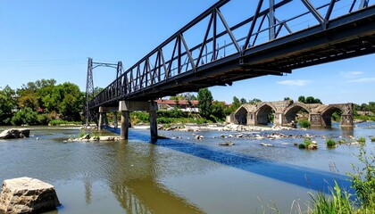 Fototapeta premium Modern steel and stone bridges crossing a flowing river under a clear blue sky