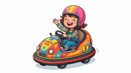 Fototapeta premium Cheerful child wearing a pink helmet drives a colorful bumper car in a bright playful cartoon scene