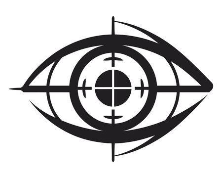 Abstract vector icon of a human eye combined with a sniper crosshair target symbol for surveillance and security design.