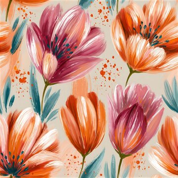Hungarian motifs seamless pattern with hand-painted colorful flowers