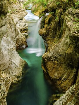 River Soca flows through narrow canyon, Soca Valley, Triglav National Park, Bovec, Slovenia