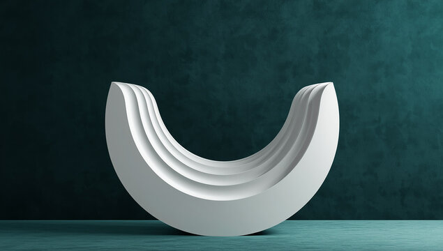 Abstract white wavy half-circle sculpture on a dark teal green background with still life interior design home decor three dimensional fine art sculpture abstract minimalist geometric