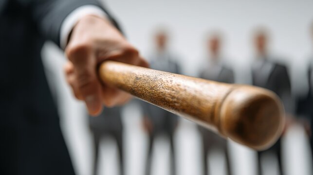 A person in a suit holds a wooden baseball bat, menacingly facing away from the camera as blurred figures stand in the background