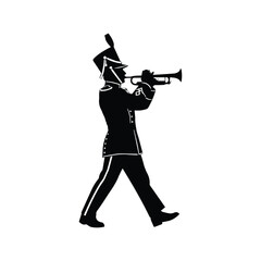 Marching band trumpet player silhouette walking musician performance wearing uniform headwear. © MAHAFUZA