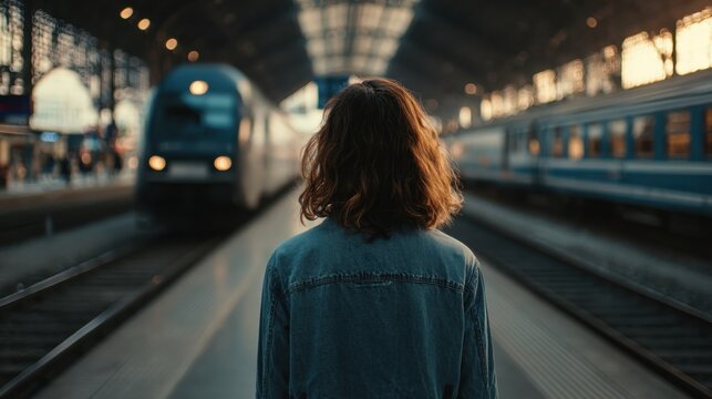 A Journey Begins: A lone traveler stands on a train platform, gazing at the arriving train, poised for departure into the unknown.