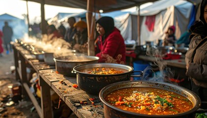 Obraz premium NGO field kitchen serving steaming bowls of soup to a waiting line of people in an outdoor setting