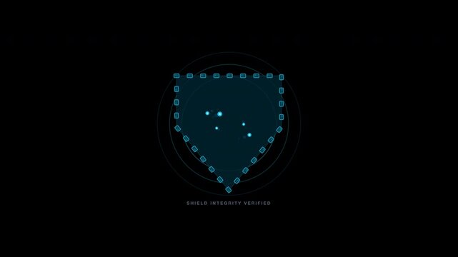 Blue glowing shield emblem holographic projection hydra logo cosmic constellation dot pattern design. Perfect for futuristic tech branding and digital security companies.