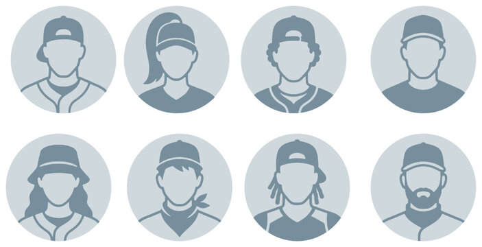 Set of baseball player avatar icons wearing caps and uniforms in a flat vector style.