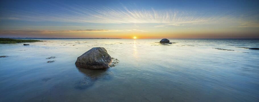 Panorama, Large boulders on the beach of the Baltic Sea at sunset, Wismar Bay, Baltic Sea, Mecklenburg-Western Pomerania, Germany