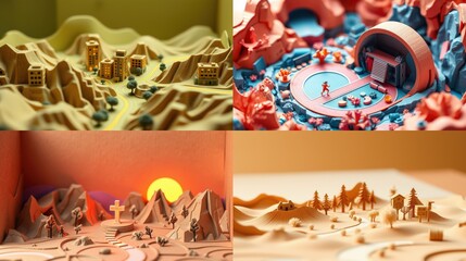 Fototapeta premium Miniature landscapes depict stylized city, arena, mountains, forest. Warm color palette dominates composition. Detailed, playful aesthetic.