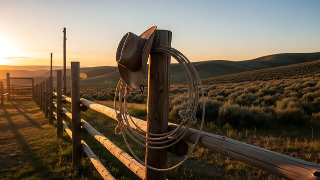 Rustic Western Cowboy Hat and Coiled Lasso Rope Hanging on Weathered Wooden Fence Post at Rural Cattle Ranch, Traditional American Farm Life and Countryside Heritage Symbolism.