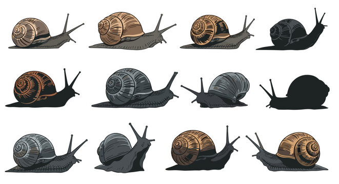 Variety of snail illustrations showing different angles, shell patterns, and movement poses alongside dark silhouette versions.