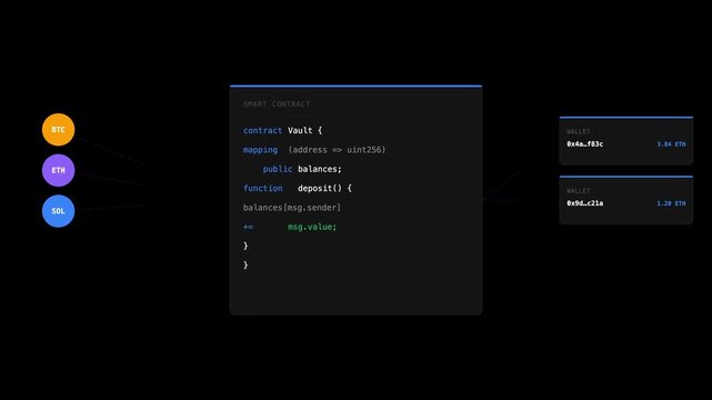 Solidity smart contract code block with cryptocurrency wallets and multiple network icons on a black scheme background. Suitable for blockchain projects.