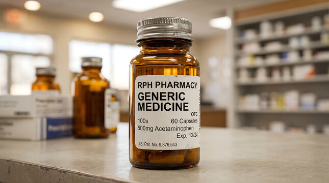 Single amber glass bottle of generic acetaminophen medicine with a white label on a wooden counter in a pharmacy setting.