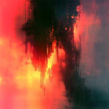 An abstract artwork features intense streaks of fiery reds and oranges contrasting with dark, vertical elements, suggesting a dramatic scene.