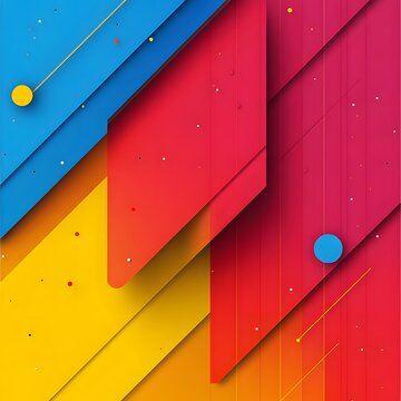 An abstract background features a vibrant diagonal pattern with overlapping colorful geometric shapes and scattered tiny white dots.