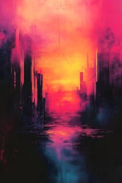 An abstract, painted cityscape rendered in vivid neon colors of pink, orange, and blue, reflecting on a dark, wet surface.