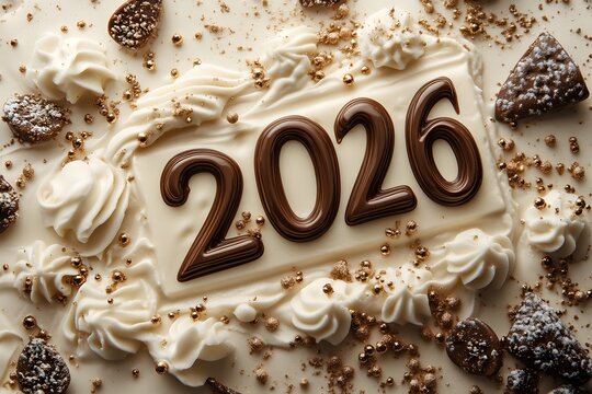 Celebratory new year's cake decorated with rich chocolate elements and elegant white frosting, proclaiming the year 2026.