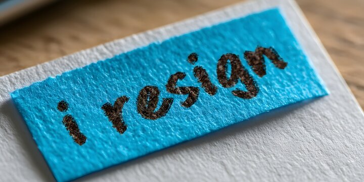 Close-up shot of a blue sticky note with the words "i resign" written on it in dark ink.