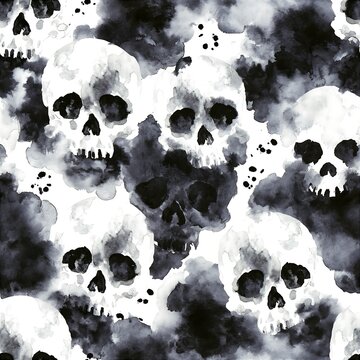 Watercolor memento mori seamless pattern with gothic skulls
