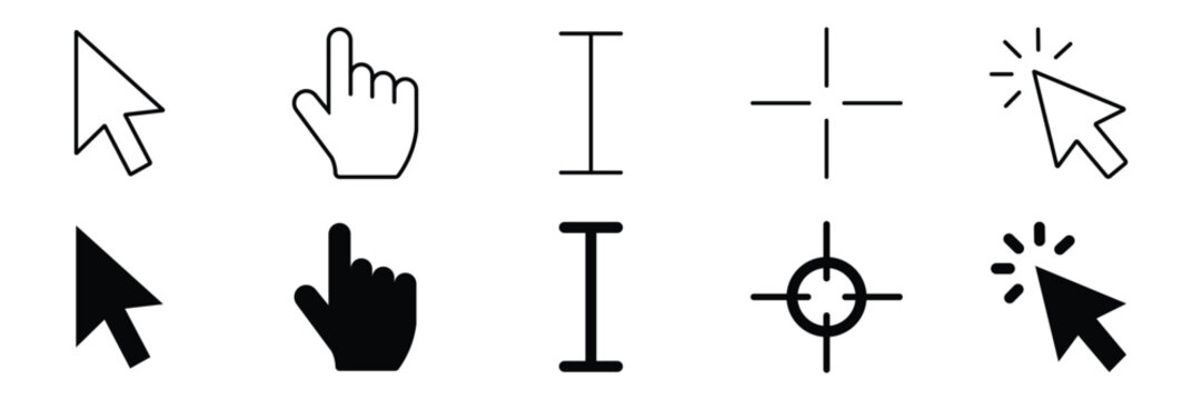 Mouse cursor set, pointer arrow, hand click, text typing selector, crosshair aiming, and interactive selection icons for user interface design.