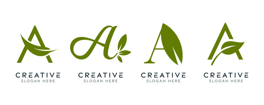 Set of initial letter A leaf logo design templates. Modern isolated letter A with leaf elements designs.