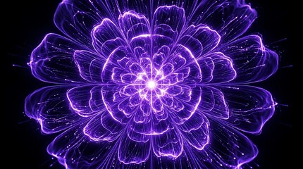 Vibrant purple glowing flower with intricate neon petals and a radiant center creates a stunning abstract digital art piece against a deep dark black background