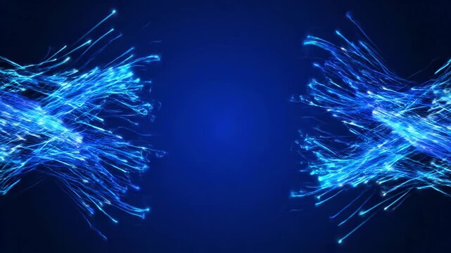 Blue light streaks converge and intertwine in a dynamic flow, creating a vibrant visual effect against a dark background, showcasing energy and motion in a digital space