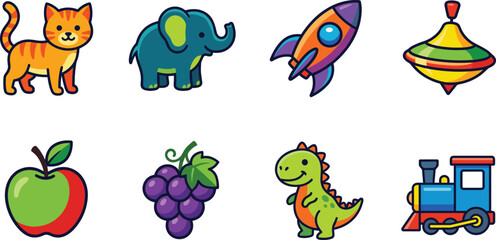 Obraz premium Cartoon icon set with cute animals, toys, fruits, and vehicles isolated on a white background.