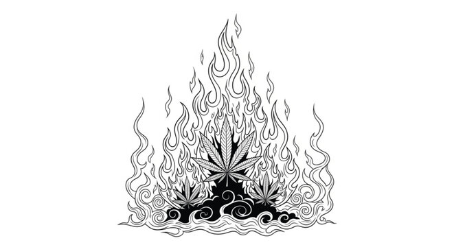Marijuana leaf on fire burning.