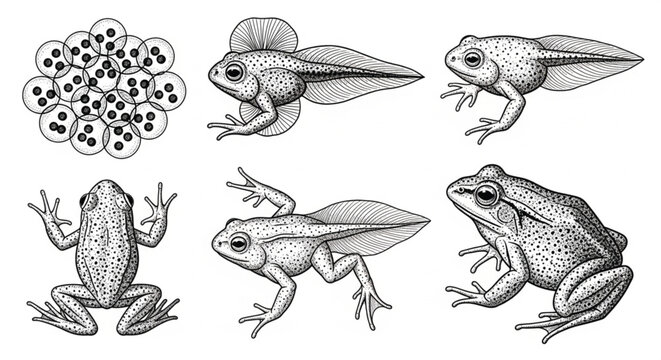Frogs in different poses and stages.