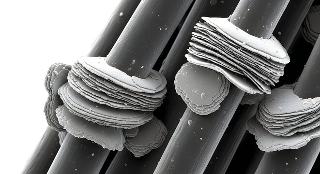 Close-up microscopic view of fungal growth on dark surface, scientific research, nature study, 3d render